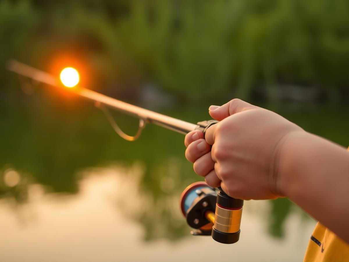 Child gripping a fishing rod at sunset